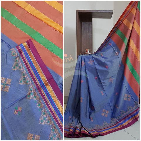 Blue cotton blend ilkal with traditional kasuti embroidery