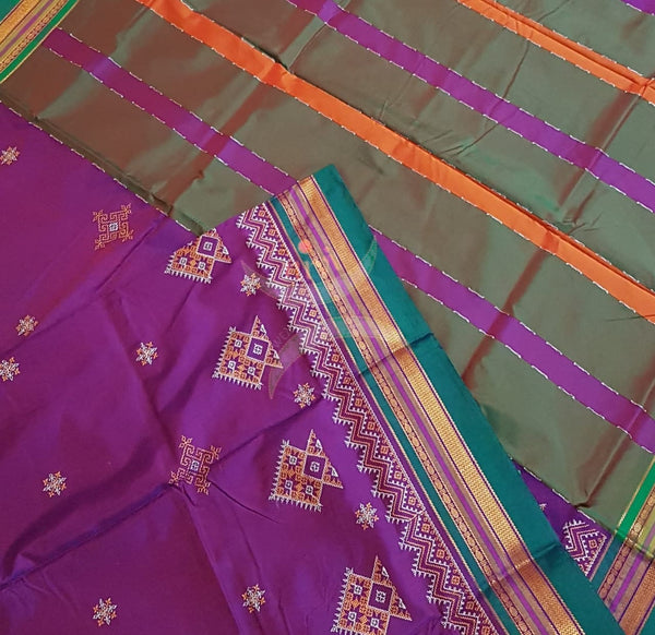 Purple cotton blend ilkal with traditional kasuti embroidery