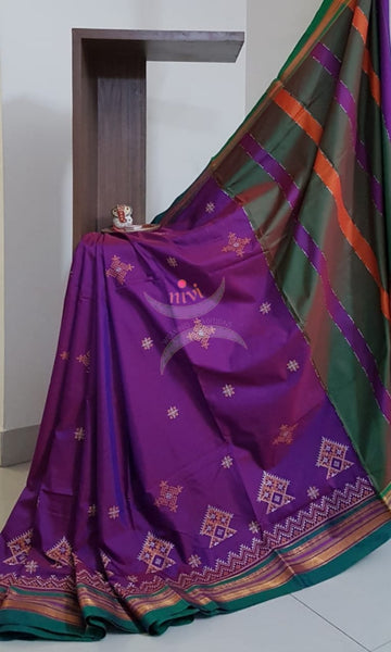 Purple cotton blend ilkal with traditional kasuti embroidery