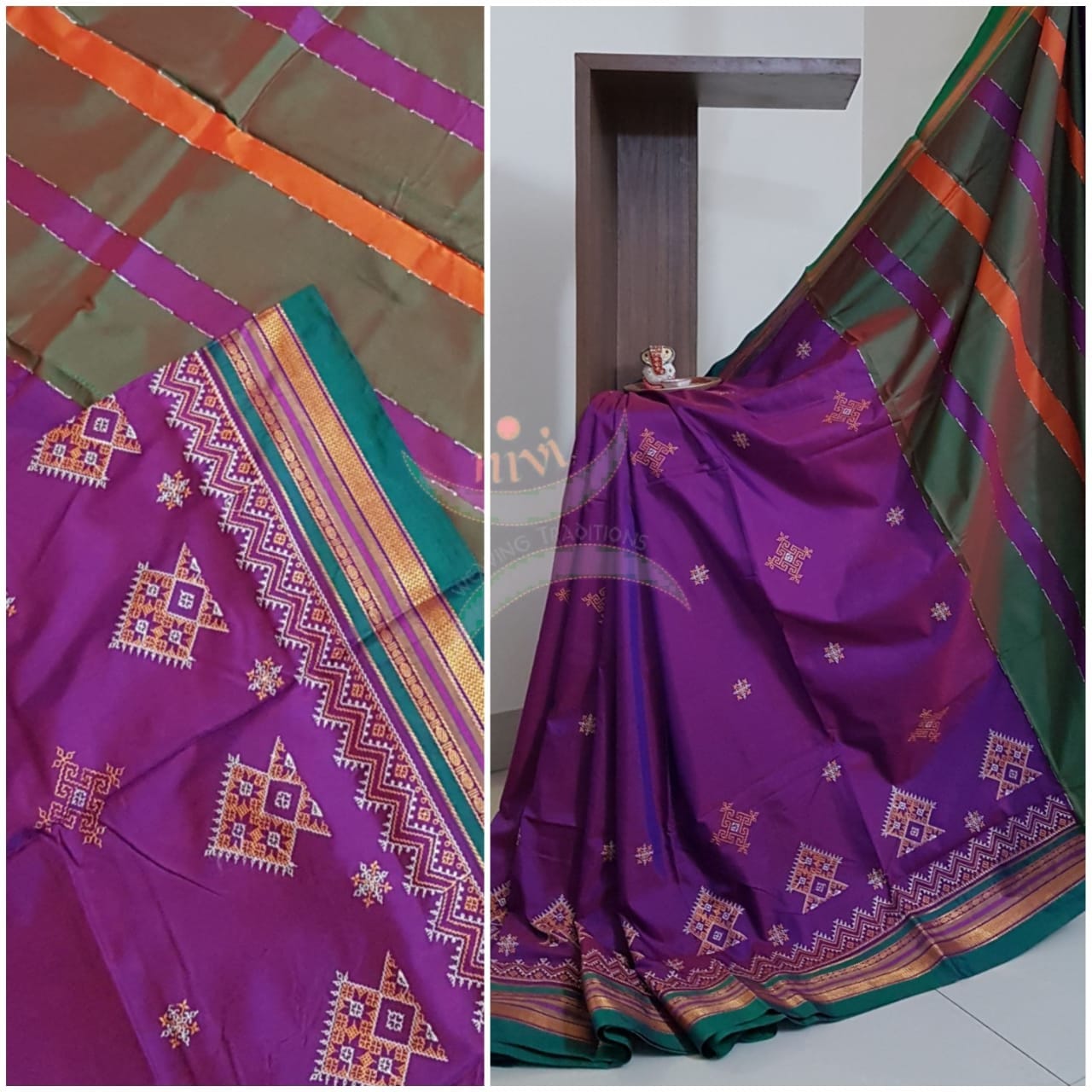 Purple cotton blend ilkal with traditional kasuti embroidery