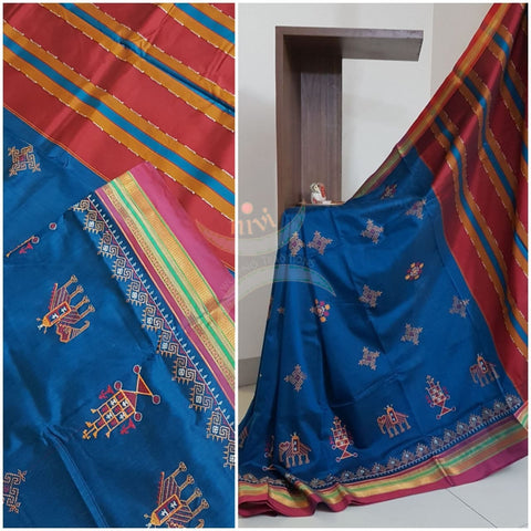 Blue cotton blend ilkal with traditional kasuti embroidery