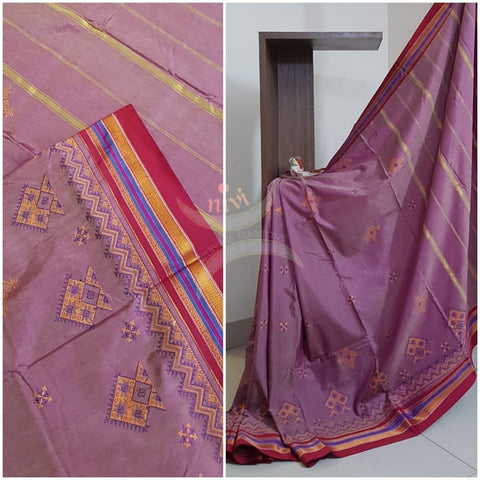 Pink cotton blend ilkal with traditional kasuti embroidery