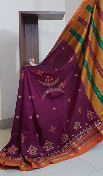 Pink cotton blend ilkal with traditional kasuti embroidery