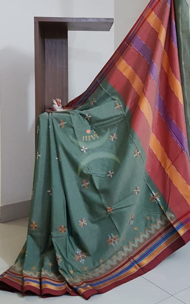 Pista cotton blend ilkal with traditional kasuti embroidery