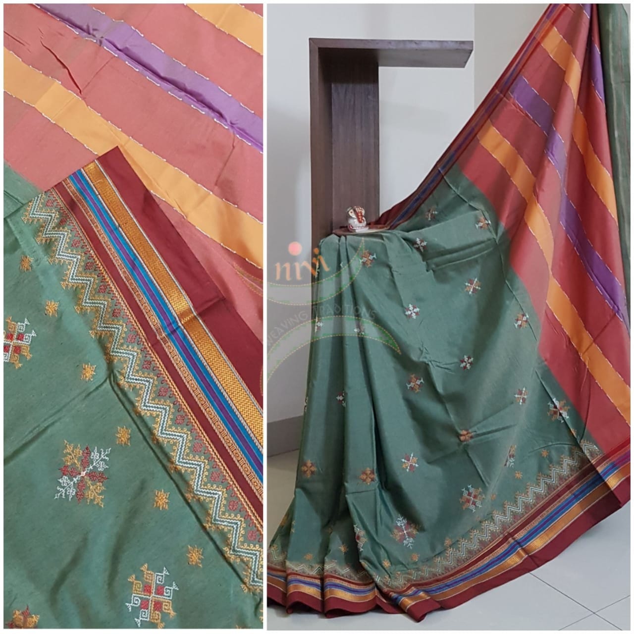 Pista cotton blend ilkal with traditional kasuti embroidery