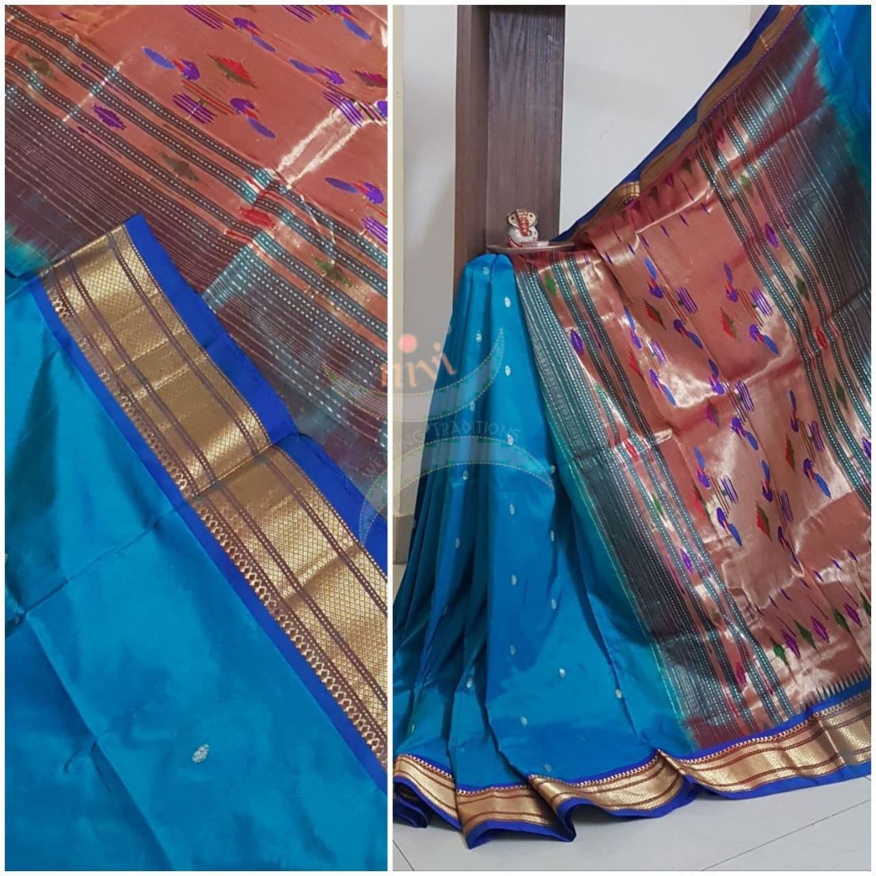 Teal blue handloom pure silk paithani