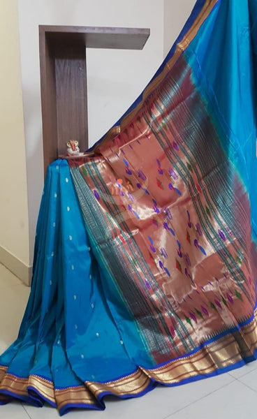 Teal blue handloom pure silk paithani