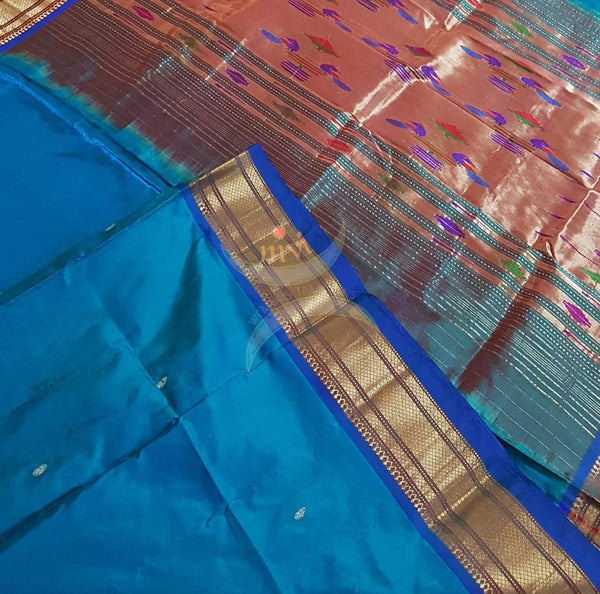 Teal blue handloom pure silk paithani