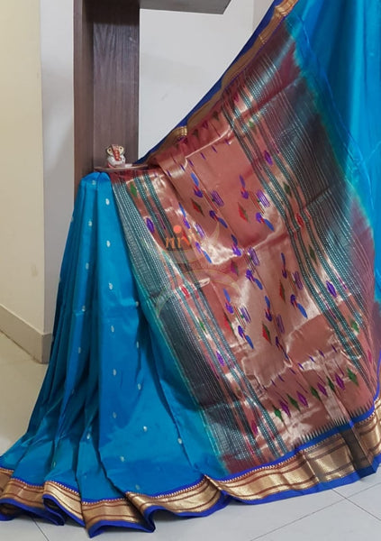 Teal blue handloom pure silk paithani