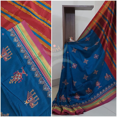 Teal blue cotton blend ilkal with kasuti embroidery