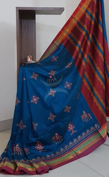 Teal blue cotton blend ilkal with kasuti embroidery
