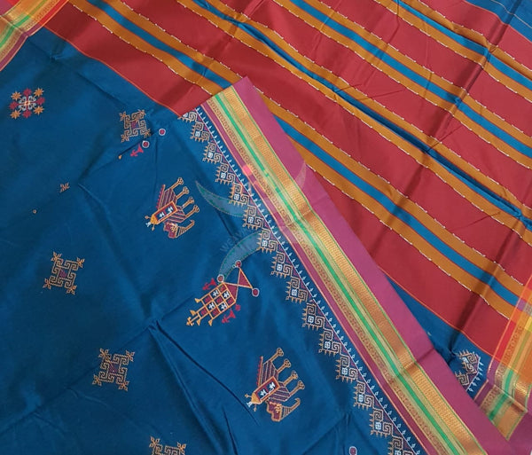 Teal blue cotton blend ilkal with kasuti embroidery