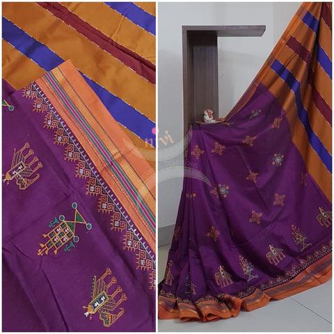 Purple cotton blend ilkal with kasuti embroidery