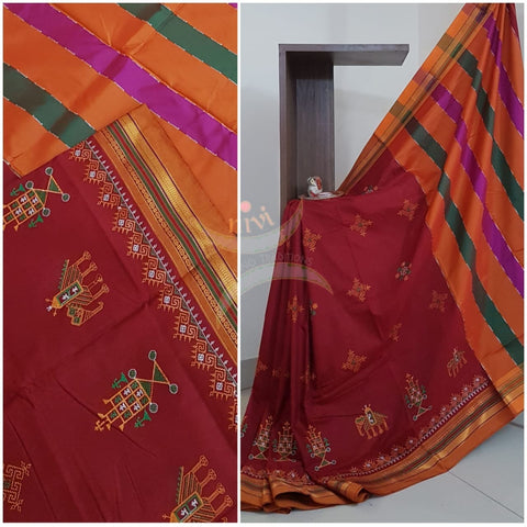 Cotton blend ilkal with kasuti embroidery