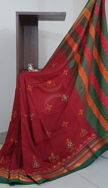 Red cotton blend ilkal with kasuti embroidery