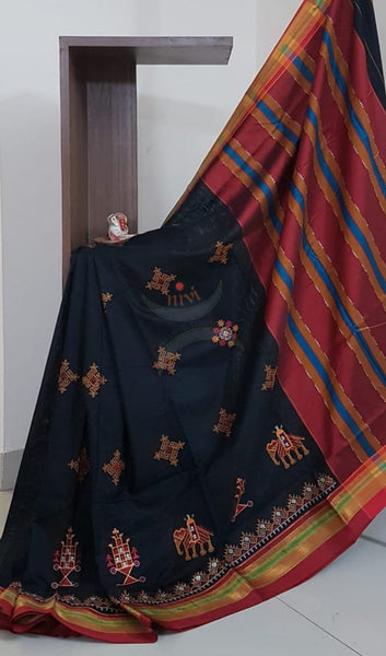 Black cotton blend ilkal with kasuti embroidery