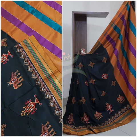 Black cotton blend ilkal with kasuti embroidery