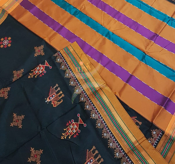 Black cotton blend ilkal with kasuti embroidery