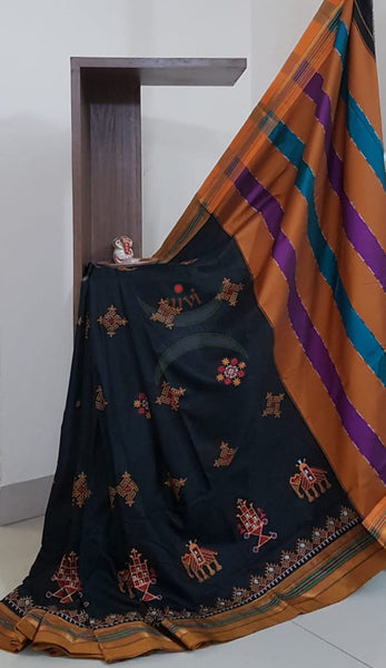 Black cotton blend ilkal with kasuti embroidery