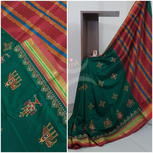 Green cotton blend ilkal with kasuti embroidery