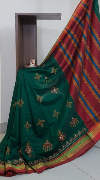 Green cotton blend ilkal with kasuti embroidery