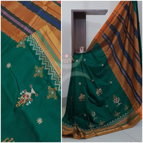 Green cotton blend ilkal with kasuti embroidery