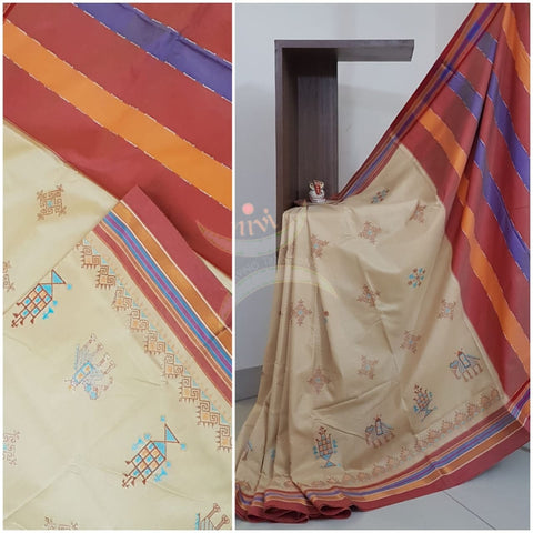 Beige cotton blend ilkal with kasuti embroidery