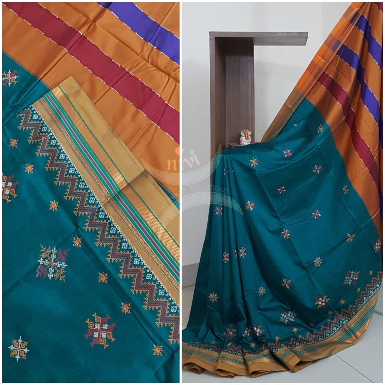 Teal green cotton blend ilkal with kasuti embroidery