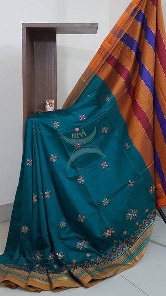 Teal green cotton blend ilkal with kasuti embroidery