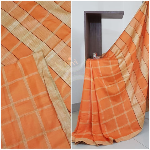 Orange Bagalpuri cotton blended saree with geecha blouse, pallu and border