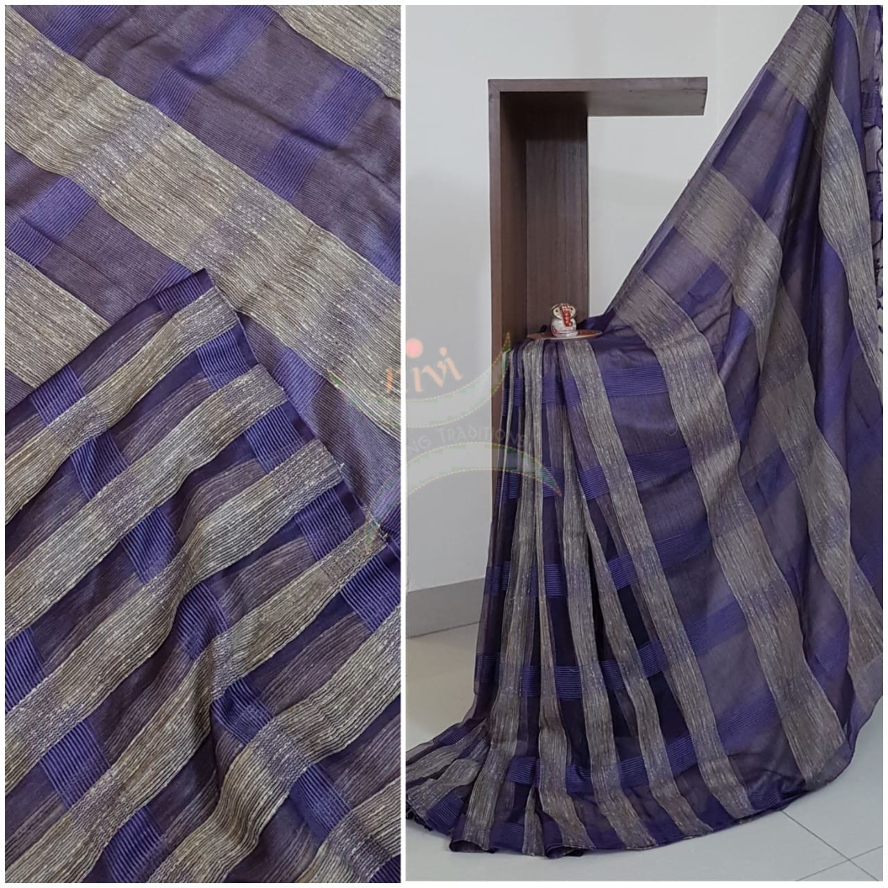 Navy blue Cotton organza geecha Saree