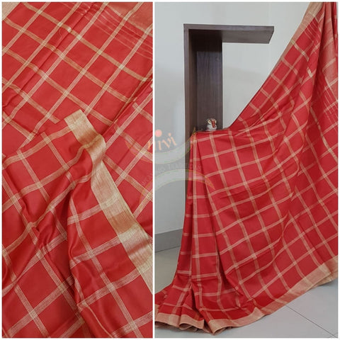 Red Bagalpuri cotton blended saree with geecha blouse, pallu and border