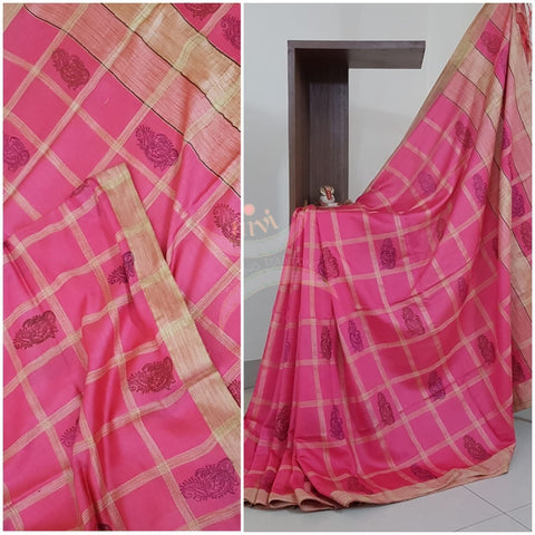 Pink Bagalpuri cotton blended saree with geecha blouse, pallu and border