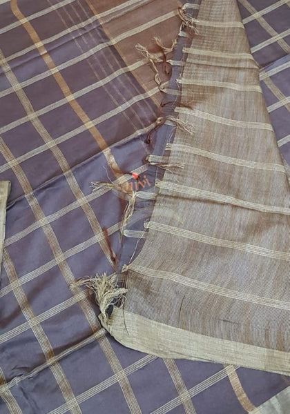 Grey Bagalpuri cotton blended saree with geecha blouse, pallu and border