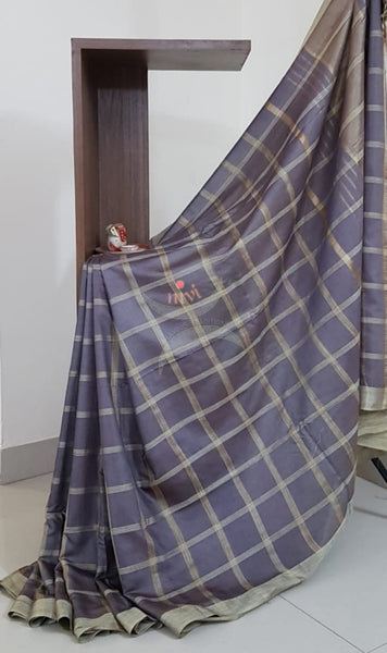 Grey Bagalpuri cotton blended saree with geecha blouse, pallu and border