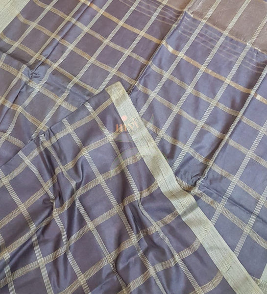 Grey Bagalpuri cotton blended saree with geecha blouse, pallu and border