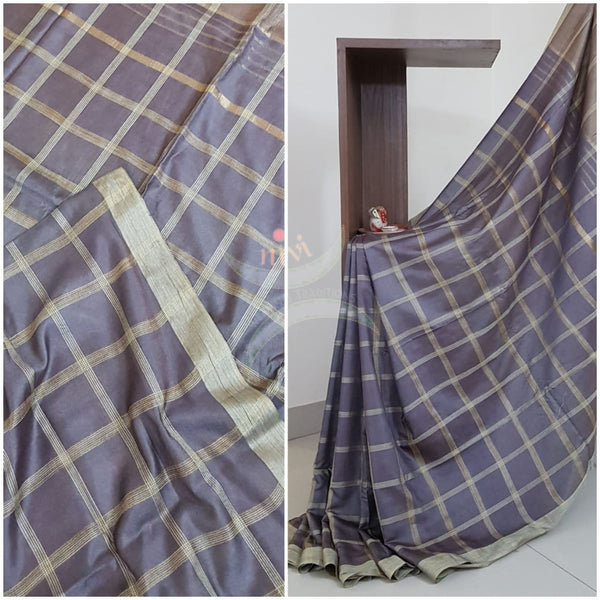Grey Bagalpuri cotton blended saree with geecha blouse, pallu and border