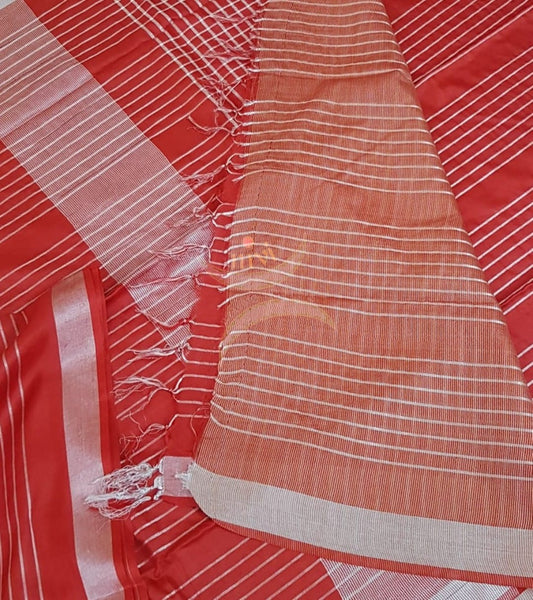 Red Bagalpuri cotton blended saree with tissue border