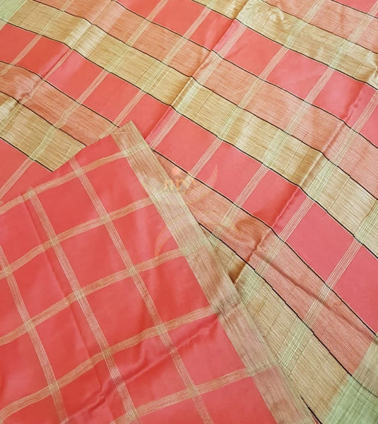Peachish orange Bagalpuri cotton blended saree with geecha blouse, pallu and border
