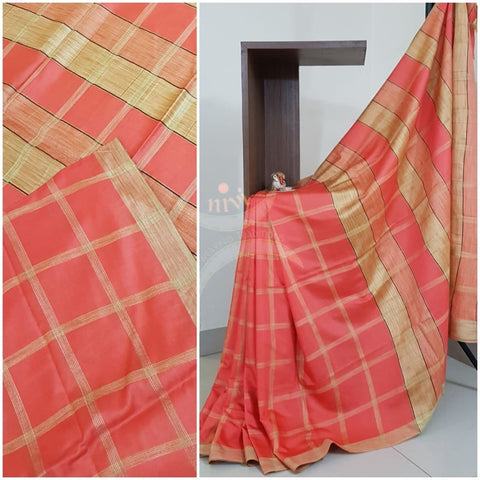 Peachish orange Bagalpuri cotton blended saree with geecha blouse, pallu and border
