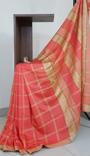 Peachish orange Bagalpuri cotton blended saree with geecha blouse, pallu and border