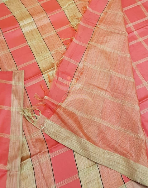 Peachish orange Bagalpuri cotton blended saree with geecha blouse, pallu and border
