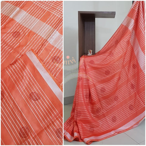Peachish orange Bagalpuri cotton blended saree with tissue border