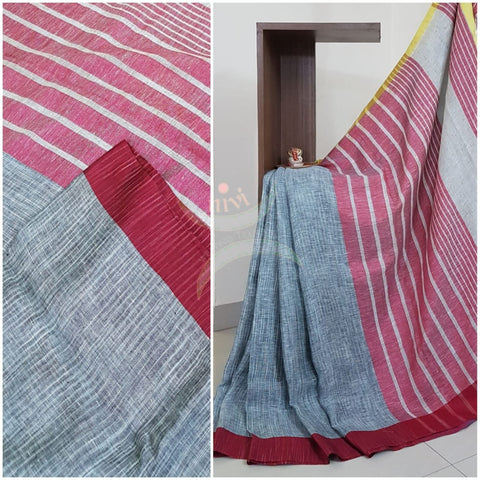 Grey with maroon linen saree