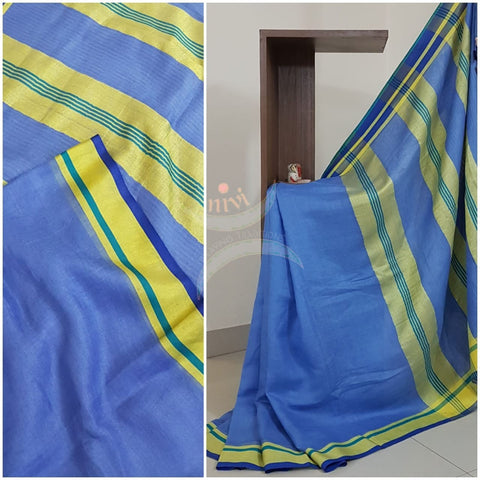 blue with yellow linen saree
