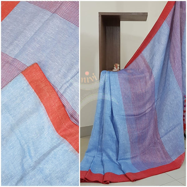 Blue with orange linen saree