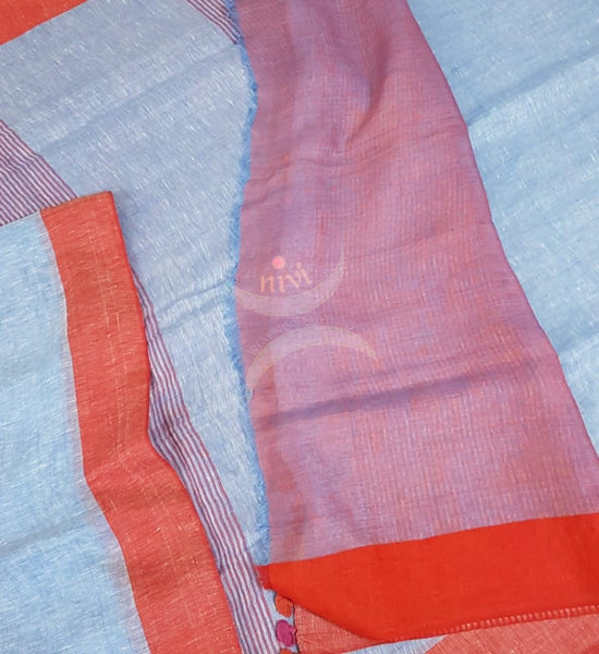 Blue with orange linen saree