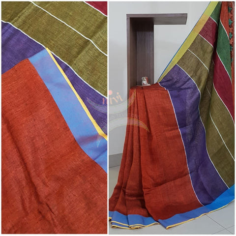 Rust orange with blue  linen saree