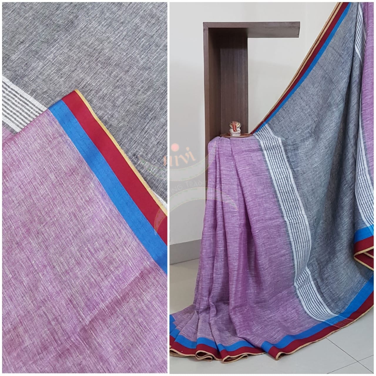 Mauve with Grey linen saree