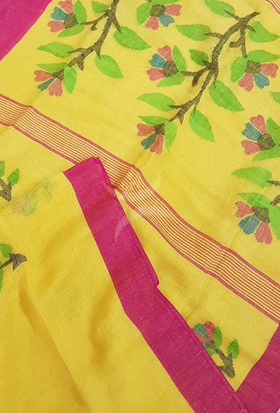 Yellow Handloom linen with jamdani Weaving and handwoven turning butta.